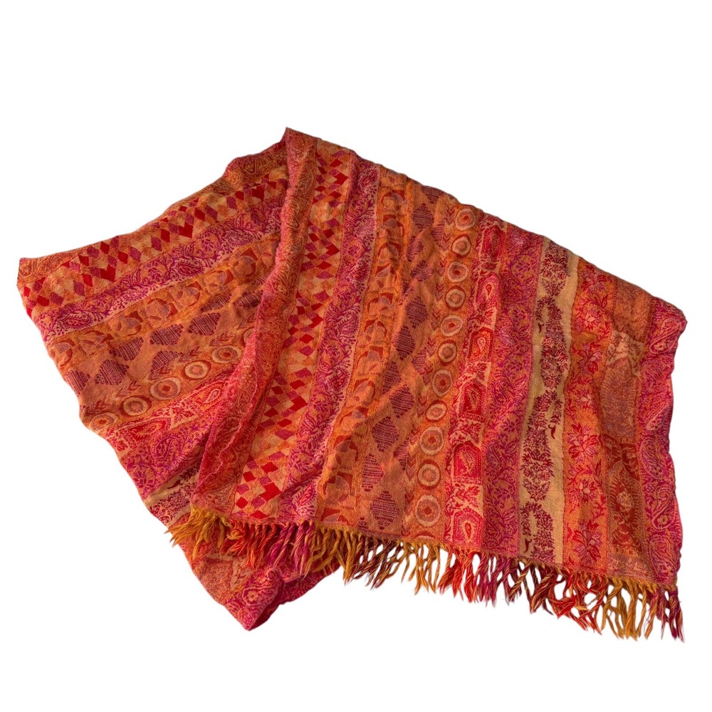 Red Orange Multicolor Paisley Fringe Scarf Bohemian Hippie Eclectic Shawl